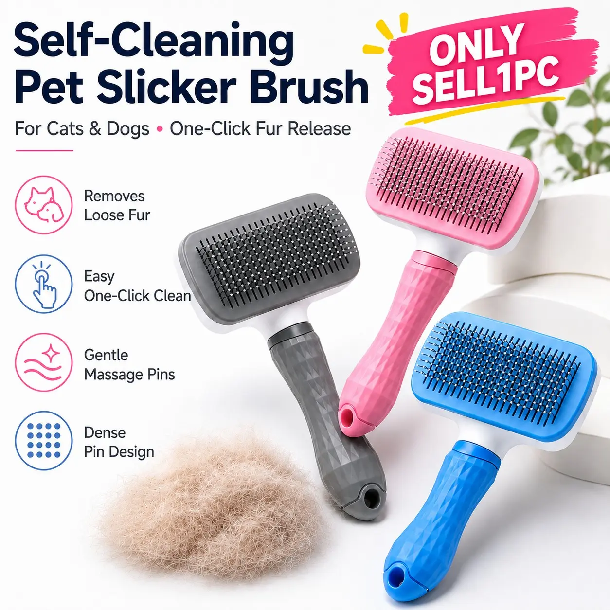 One-Button Self-Cleaning Pet Comb, Universal Shedding Brush, Deshedding Tool for Cats and Dogs, Soft Rounded Tips, Non-Skin Damaging, Easy Grip Handle