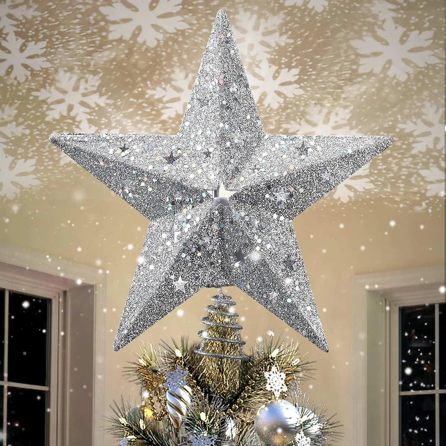 LED Snowflake Projector  Christmas Tree Topper, 11.3 Inch  Glittered  Treetop Lighted Rotating Snow Flake for Christmas  Year Holiday Decoration, Night Light Projector for