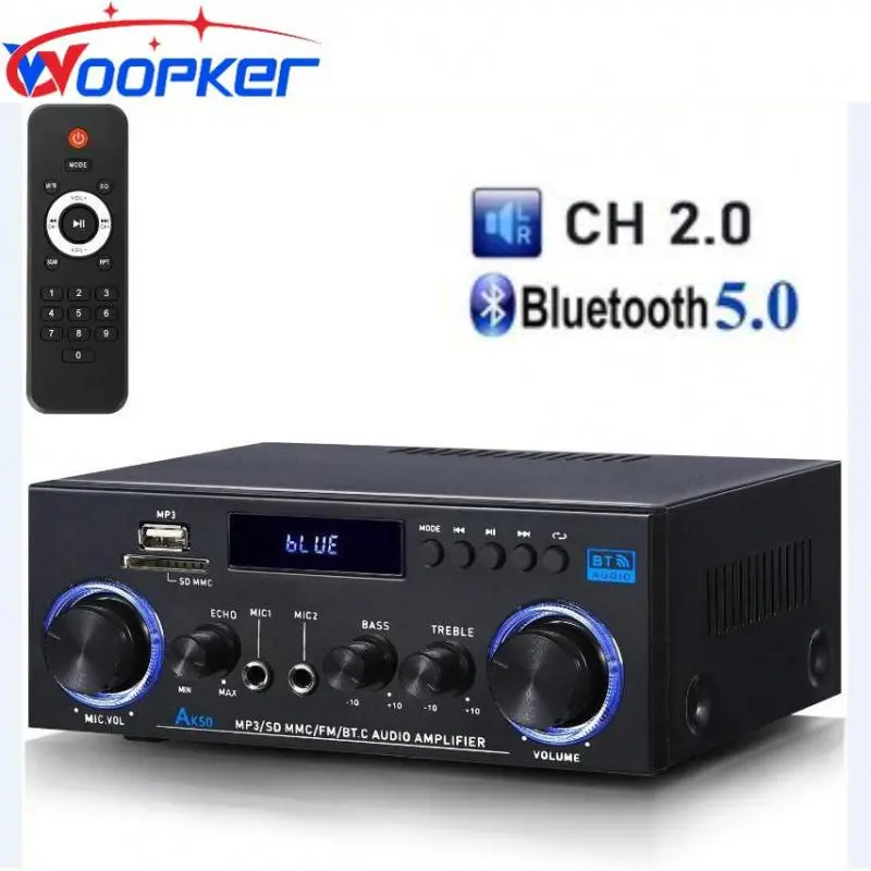 Woopker AK50 Stereo Amplifier, Home Audio 400W Power 2.0 Channel Bluetooth 5.0 Power Amplifier System, FM Radio, USB, SD Card, Remote Control, for Home Theater, Karaoke, Party Music Streaming, Speaker System