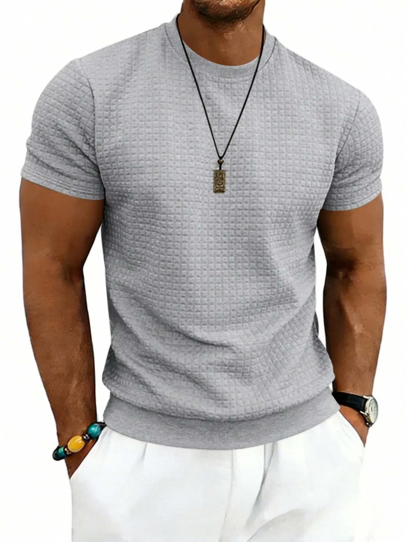Men's Solid Color Waffle Textured Crew Neck T-Shirt, Casual Short Sleeve Solid Color Basic Tee, Lightweight Stretch Stretchy Breathable Slim Fit Summer Streetwear Tops, Menswear with Multiple Color Options