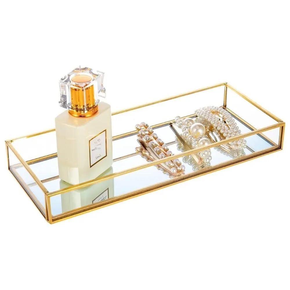 Gold Glass Perfume Tray, Rectangular Modern Design Vanity Organizer for Jewelry, Makeup, Skincare and Bathroom Counter Storage 1pc/2pcs