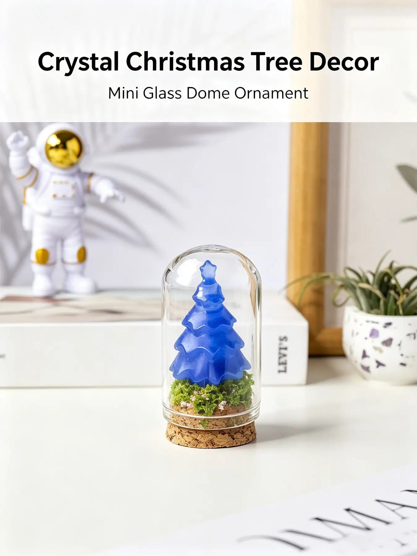 Natural Crystal Mini Christmas Tree Ornament with Glass Cover and Base, Hand Carved, Small Desktop Decor, Collectible Gift
