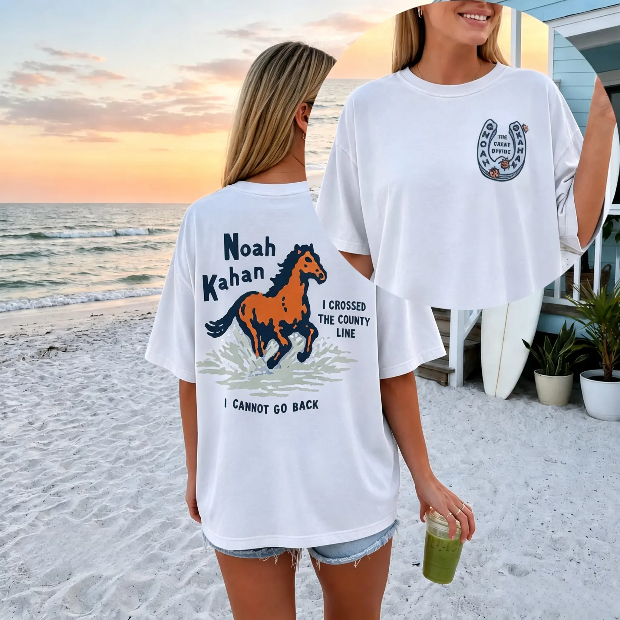 Noah Kahan The Great Divide Tour Front Horseshoe Logo & Big Back Running Horse Casual Graphic T-Shirt, I Crossed The County Line Vintage Western Washed Women Top, soft blue jean fabric, multi-scene concert outfit. Lovely gift for Noah Kahan fans, folk mus