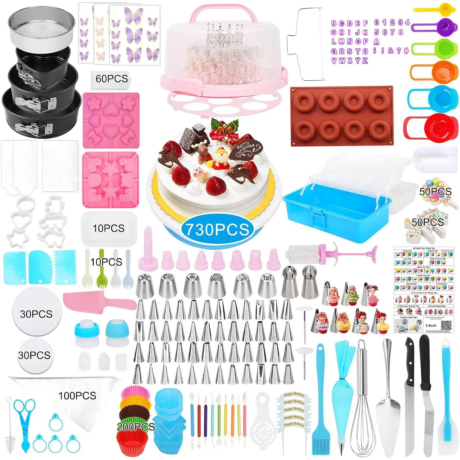 Cake Decorating Kit, 730 count Cake Pop Kit Cake Decorating Supplies with Cake Carrier Holder Springform Pan Sets Toolbox Organizer Turntable Piping Bags Tips  Molds for Beginner Professional