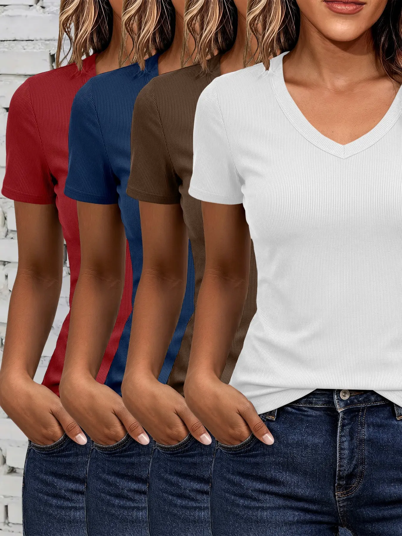 Women's Ribbed V-Neck Short Sleeve T-Shirt 4-Piece Set, Casual Fitted Solid Color, All Seasons Wear, Plain Surface Unlined Design