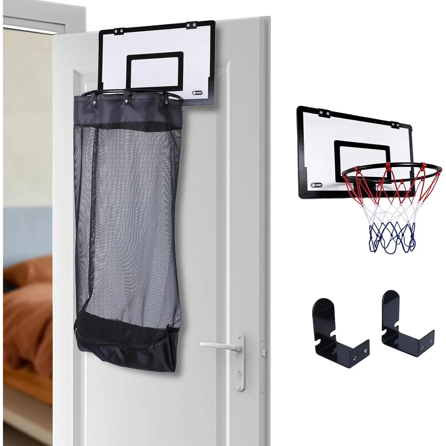 Basketball Laundry Hamper Over Door, Wooden Hoop Hamper with Zipper| Space-Saving Hanging Organizer for Kids Sports-themed Room,Dorm, Bedroom,Gym Basketball Hamper with Zipper