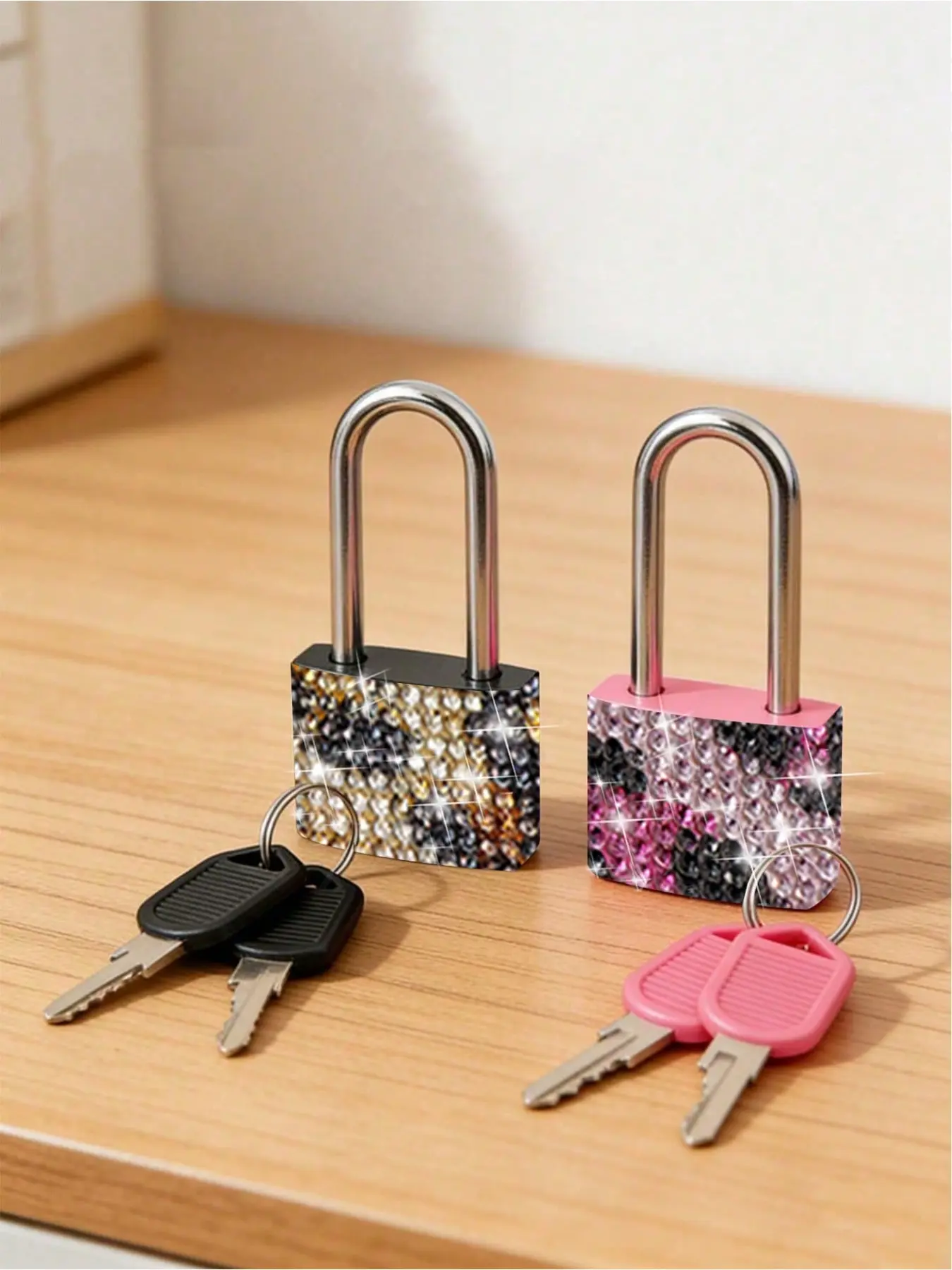 Mini Shiny Crystal Keychain Lock, Metal Mini Lock with 2 Keys, Leopard Pattern, No Assembly, Luggage Lock, Storage Cabinet Lock, School Gym Classroom
