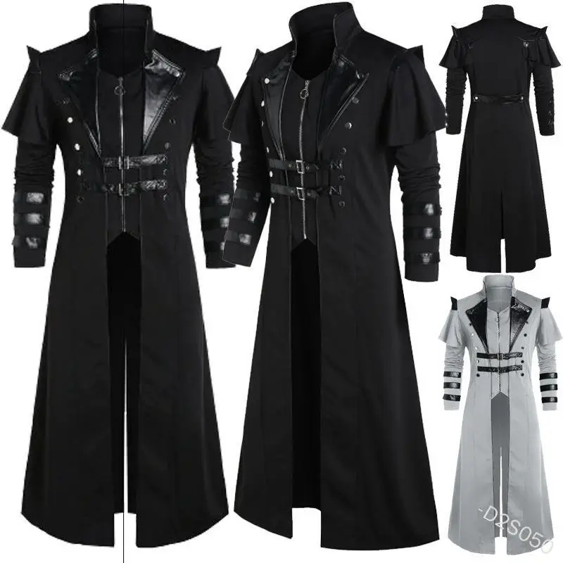 Adult Men's Black Long Split-Sleeve Gothic Armor Leather Coat - Vintage Halloween Medieval Steampunk Assassin Pirate Elf Menswear Knit Clothes Set