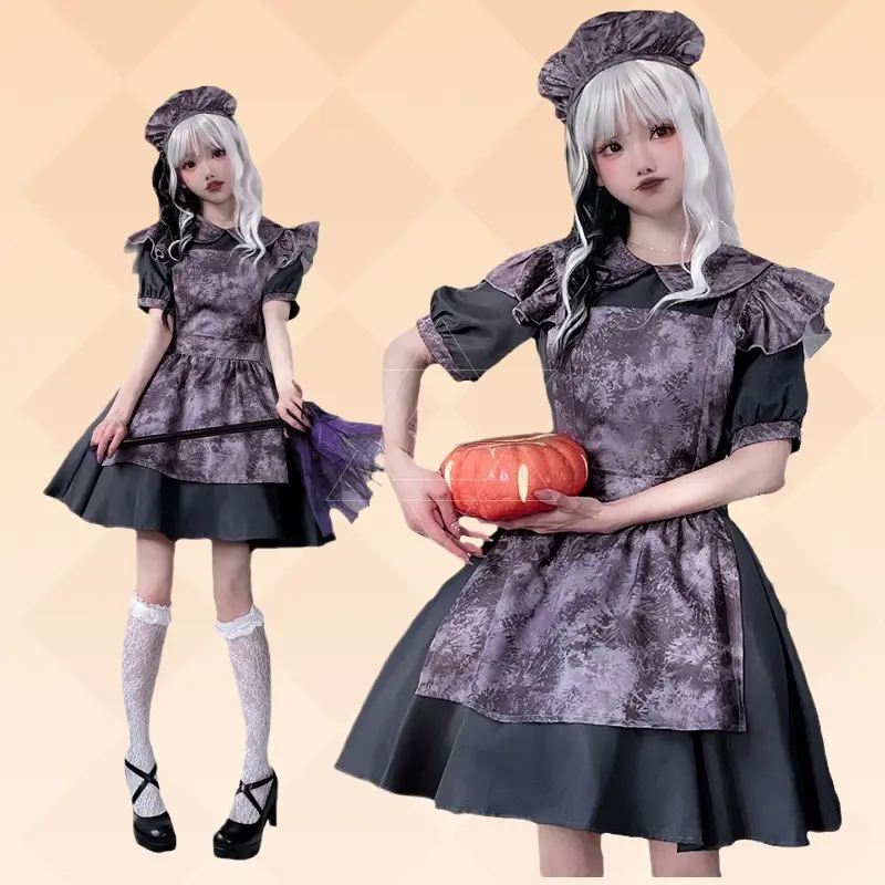 Women Gothic Vampire Dress Pumpkin Witch Horror Maid Outfit For Halloween Themed Cosplay Party Events