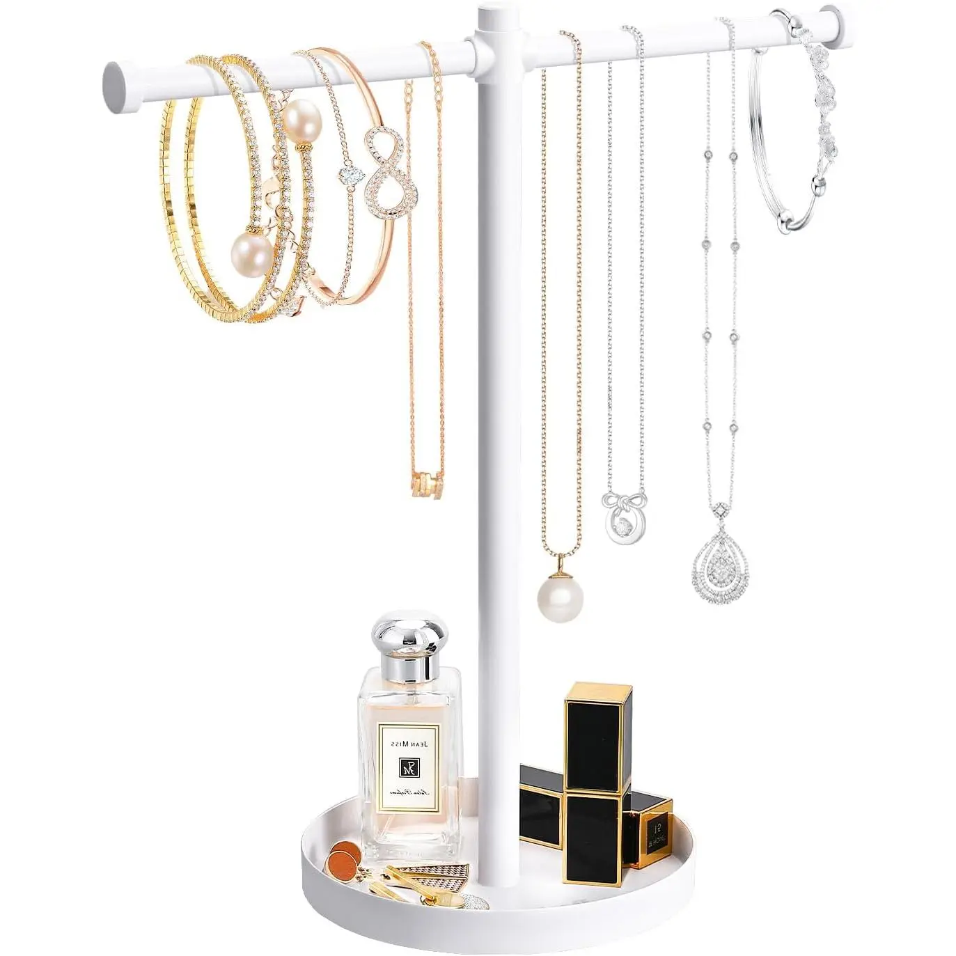 Necklace Organizer Stand,12.9" Tall Sturdy Metal  Stand with Round Tray for Bracelet Bangles Holder Display,Long Necklace Organizer Holder (white)