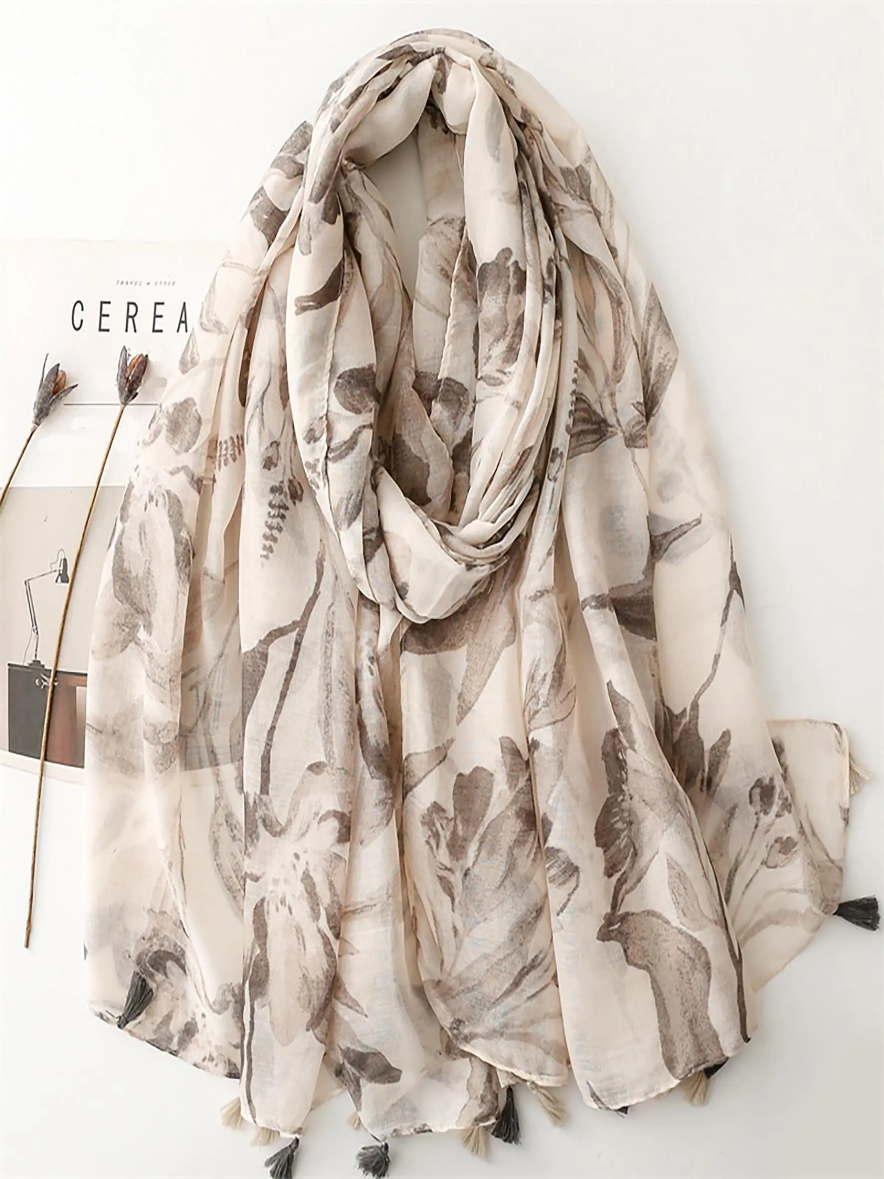 Women's Lightweight Silk Scarf, Apricot Blossom Spring Rain Bali Lace Fringe Shawl, Elegant Accessory for All Seasons