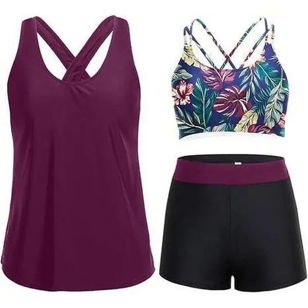 Women's 3 Piece Quick-Dry Tankini Swimsuit, Crisscross Back Solid Tank Top, Tropical Leaf Print Double Strap Sports Bra & High Waist Boyshort Bottom, Tummy Control Conservative Quick Dry Bathing Suit for Beach Pool Kayaking