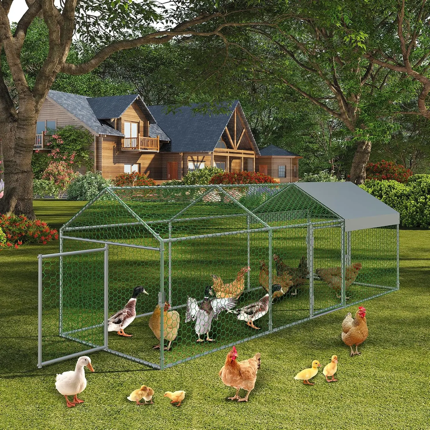 Large Metal Chicken Coop, Chicken Runs for Yard with Waterproof and Anti-UV Cover, Portable Chicken coop for Outdoor Chicken Rabbit Duck, Silver, 120 in ×40 in×40 in
