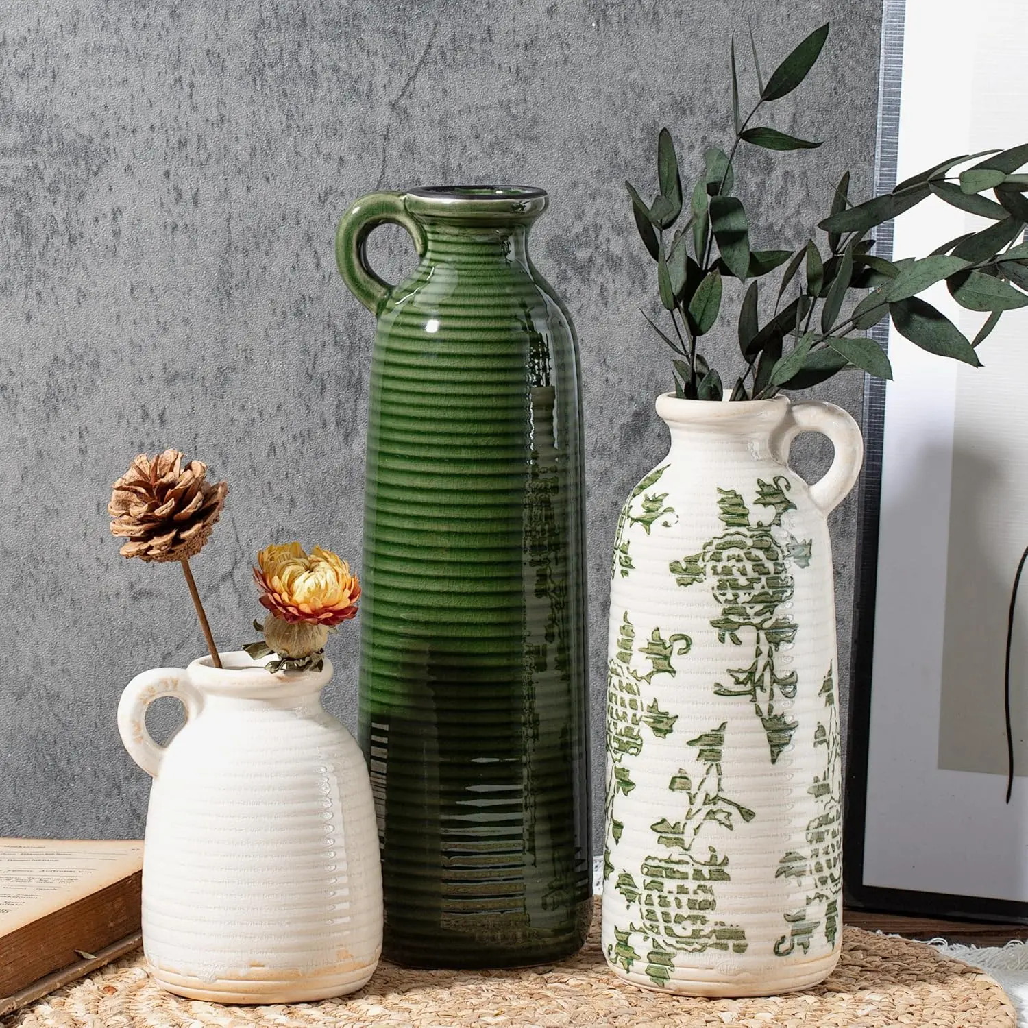 Ceramic Vase Set of 3 with Handles, Green White Neutral Rustic Modern Farmhouse Boho Decor, Versatile as Table Centerpiece or Mantel & Shelf Accent - Unique Home Gift Idea