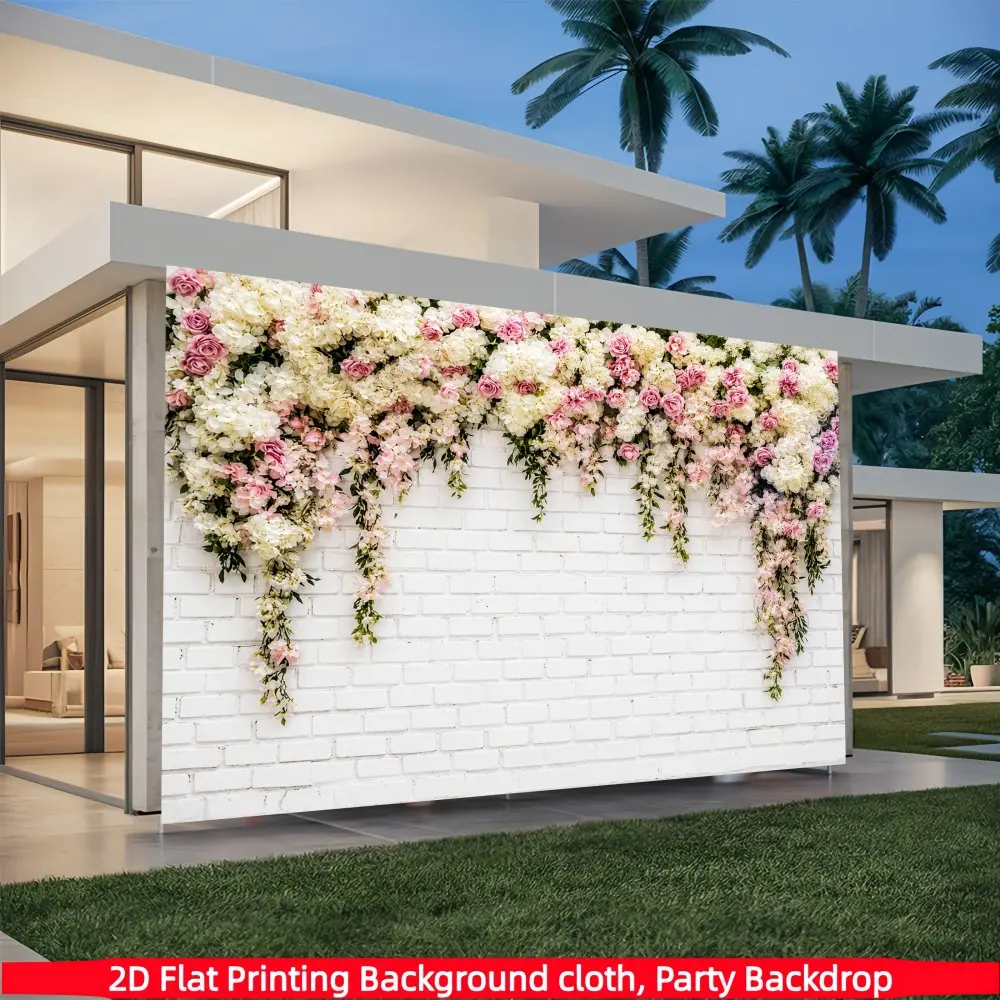 1PC 2D Flat White Brick Wall Pink White Hanging Flowers Photography Backdrop, Romantic Wedding Floral Decoration Print, Applicable Scenarios: Bedroom Decoration, Art Wall, Room Decoration, Holiday Essential, Garden Outdoor Decoration, Home Decor,Polyester