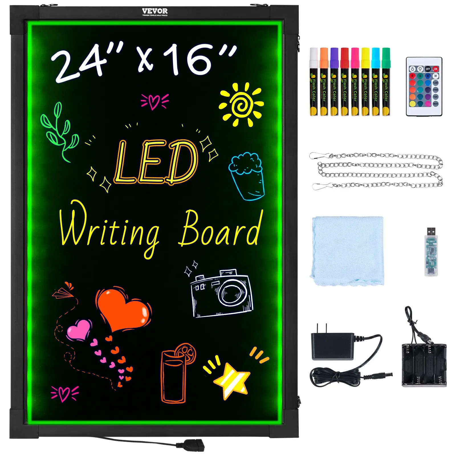 VEVOR LED Message Writing Board, 24" x 16" Illuminated Erasable Lighted Chalkboard, Neon Effect Menu Sign Board, Drawing Board with 8 Fluorescent Chalk Markers and Remote Tested to UL Standards