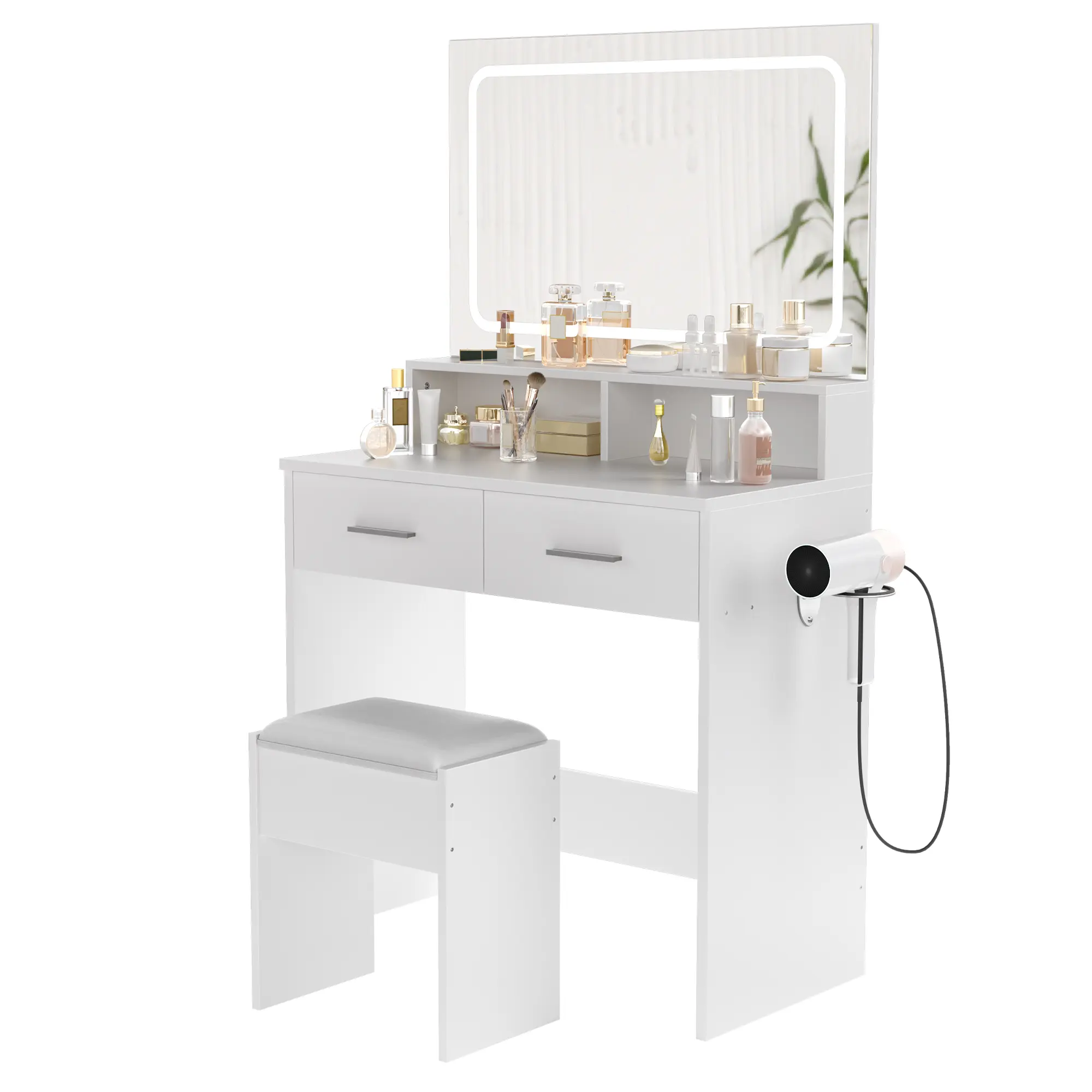 Small Black Vanity Set with LED Mirror & Charging Station, Makeup Table with 2 Drawers, 3 Light Modes & Cushioned Stool for Bedroom