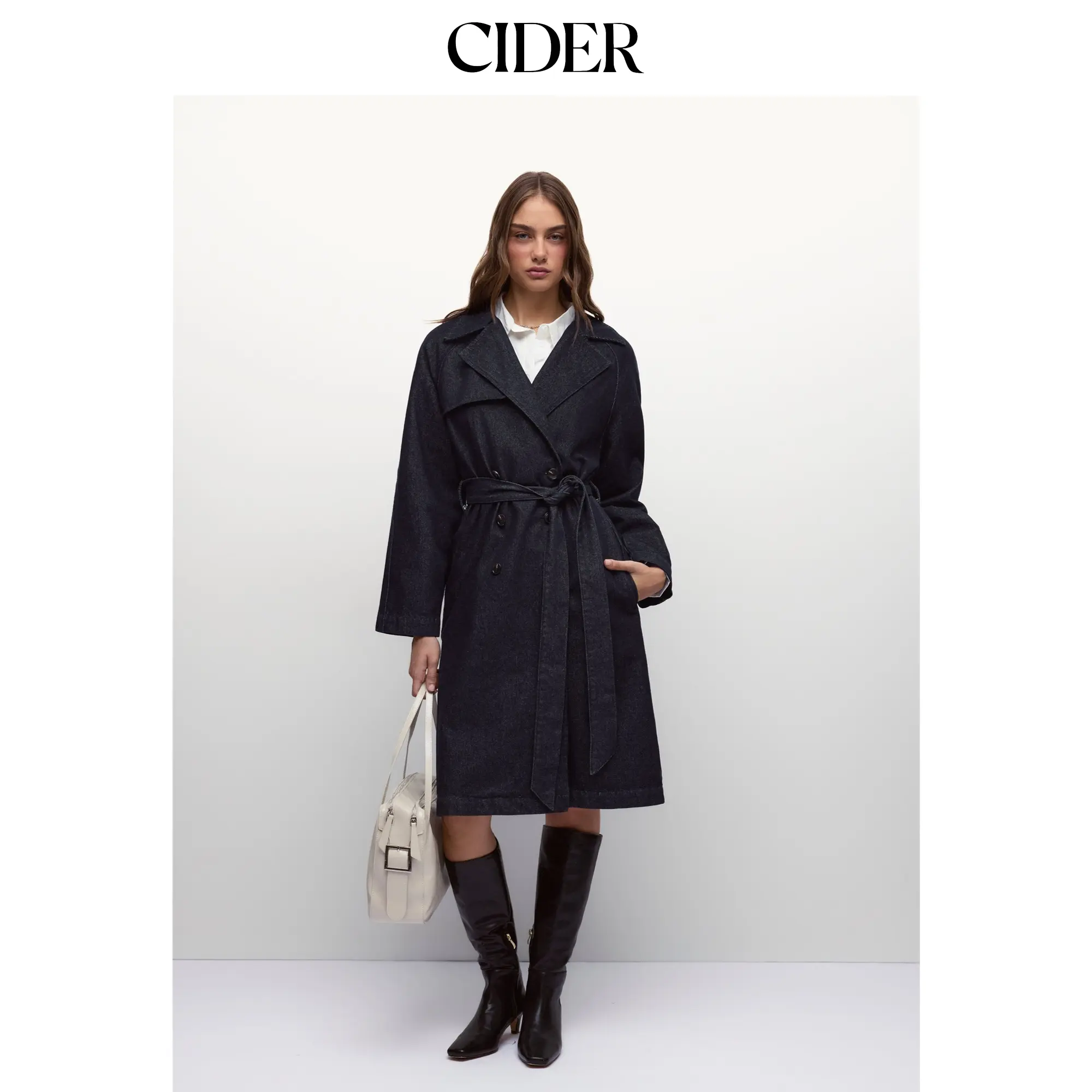 Cider Denim Washed Notched Collar Double Breasted Longline Oversized Jacket With Belt SohoChic
