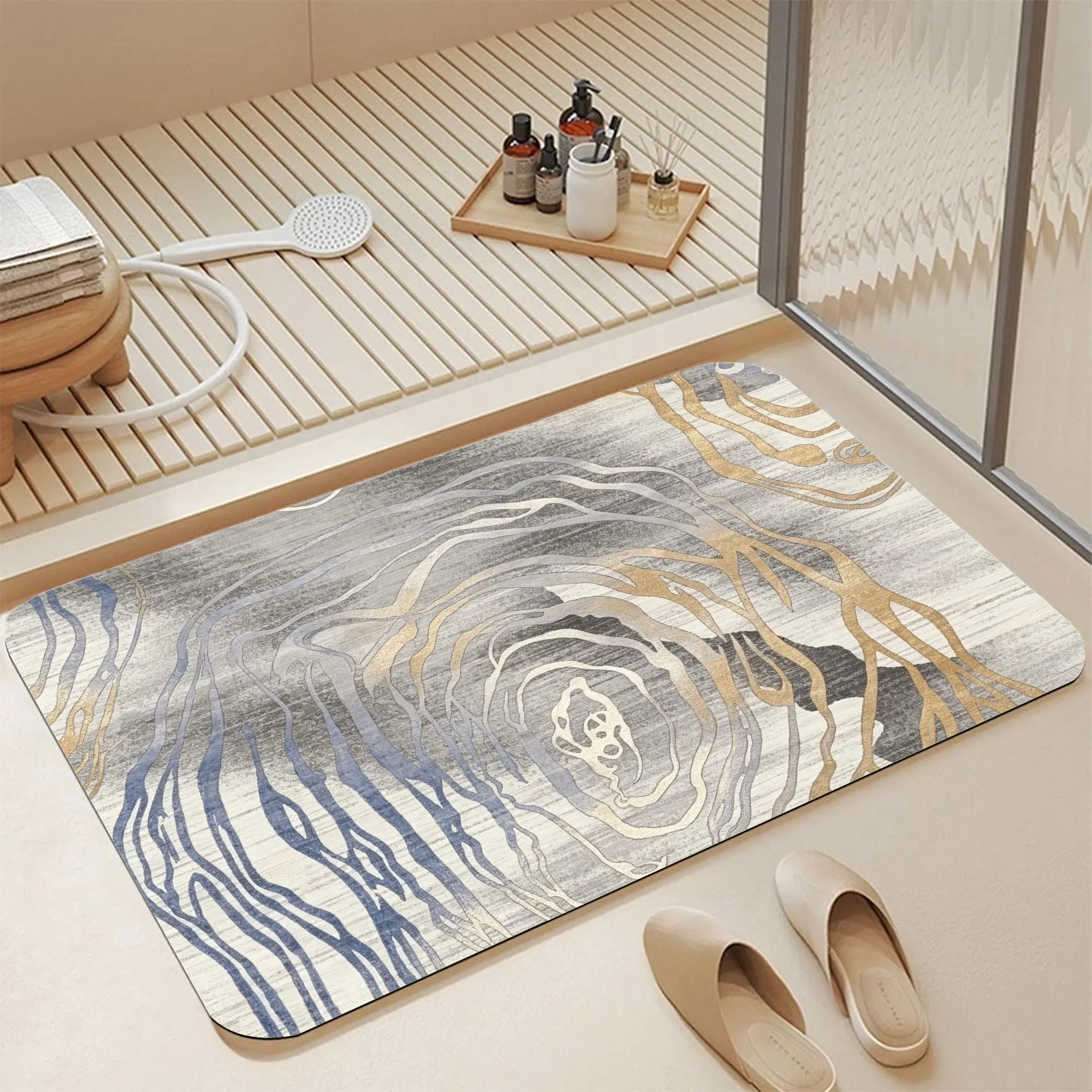 16*24 Inch Luxury Marble Agate Swirl Gold Blue Vein Diatomite Bath Mat, Fast Water Absorbent Non-Slip Quick Dry Bathroom Rug, Gradient Grey Watercolor Abstract Ring Texture Print, Stain Resistant Washable Modern Glam Japandi Maximalist Shower Mat for Upsc