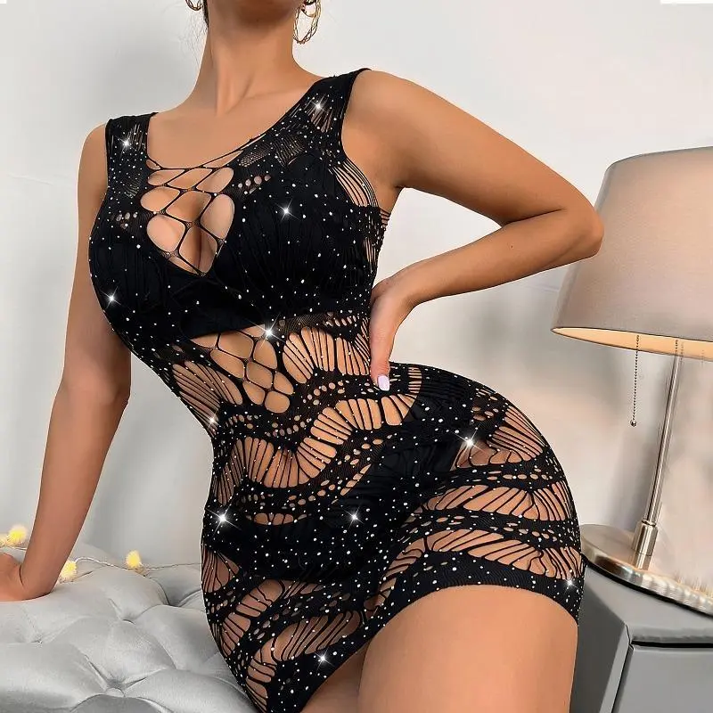 Women's Rhinestone Mesh Bodysuit, Sparkly Long Sleeve See Through Hollow Out Single-Piece for Party Clubwear, Mesh Bodysuits, Funky, Peppy