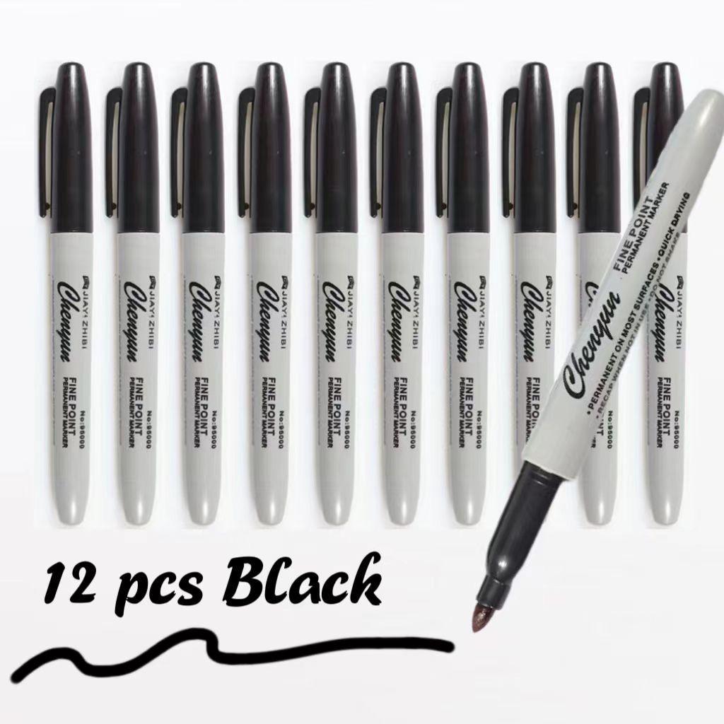 Black Permanent Marker Pen, 12pcs Waterproof Quick Drying Marker Pen, Smooth Writing Pens, Fine Tip Marker Pen for Office School Students, Valentine's Day Gift, Quick Dry Pens