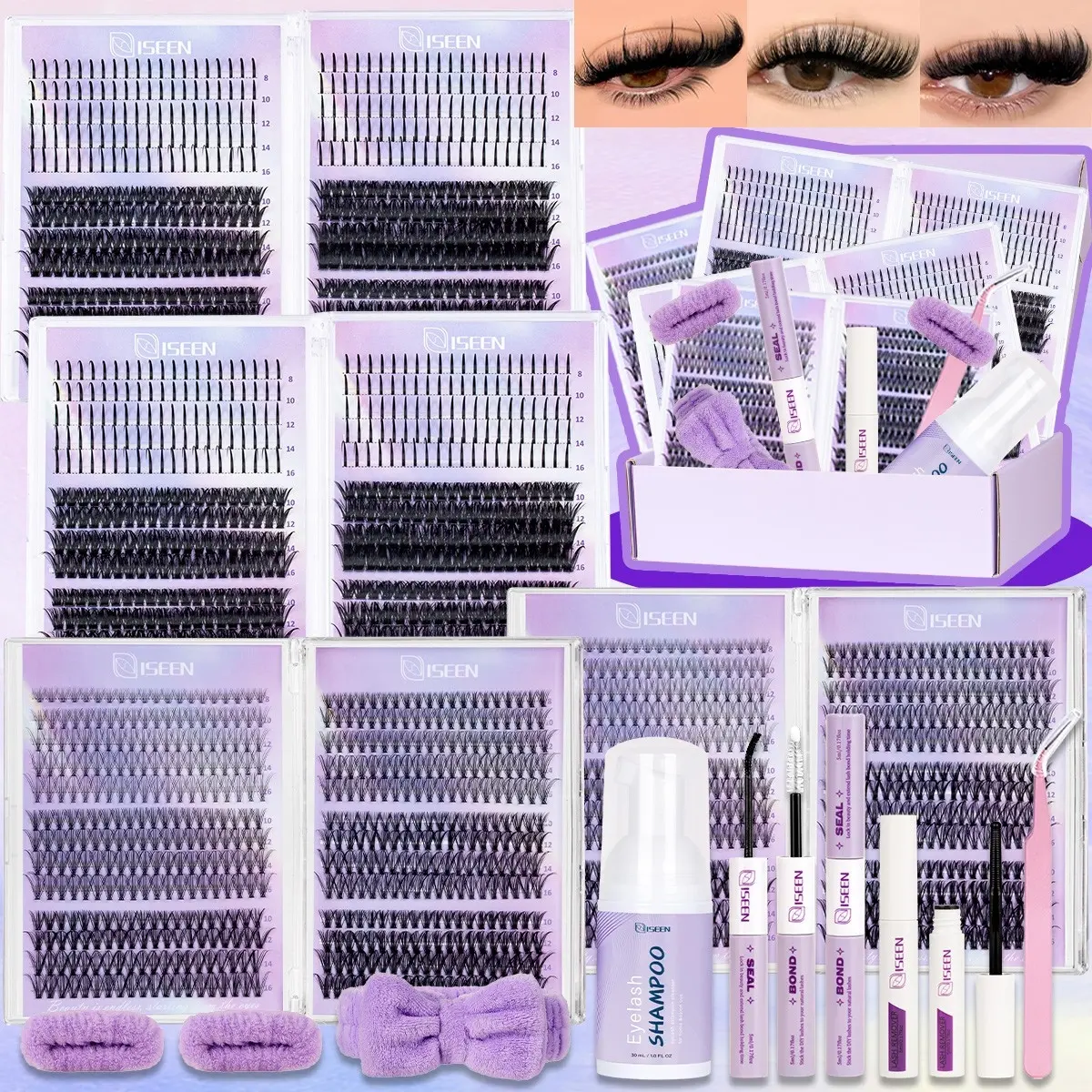 2080pcs Lash Clusters Kit,8-18 mm D Curl 20D/30D/40D/50D/80D/Manga/Spiky Natural Volume Individual Eyelashes Book Set with Bond & Seal, Brush,Hairband,Eyelash Mousse and Tweezers, Perfect for DIY at Home for Women and Beginners