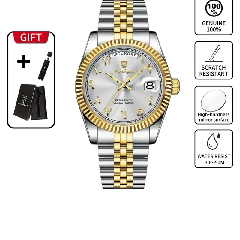 POEDAGAR Fashion Men's Analogue Quartz Watch with Casual Business Circular Dial, Waterproof Stainless Steel Watch, fashionable waterproof wristwatch, Versatile Men's Watch for Commuting and Outdoor Sports, Quartz Analog Watches