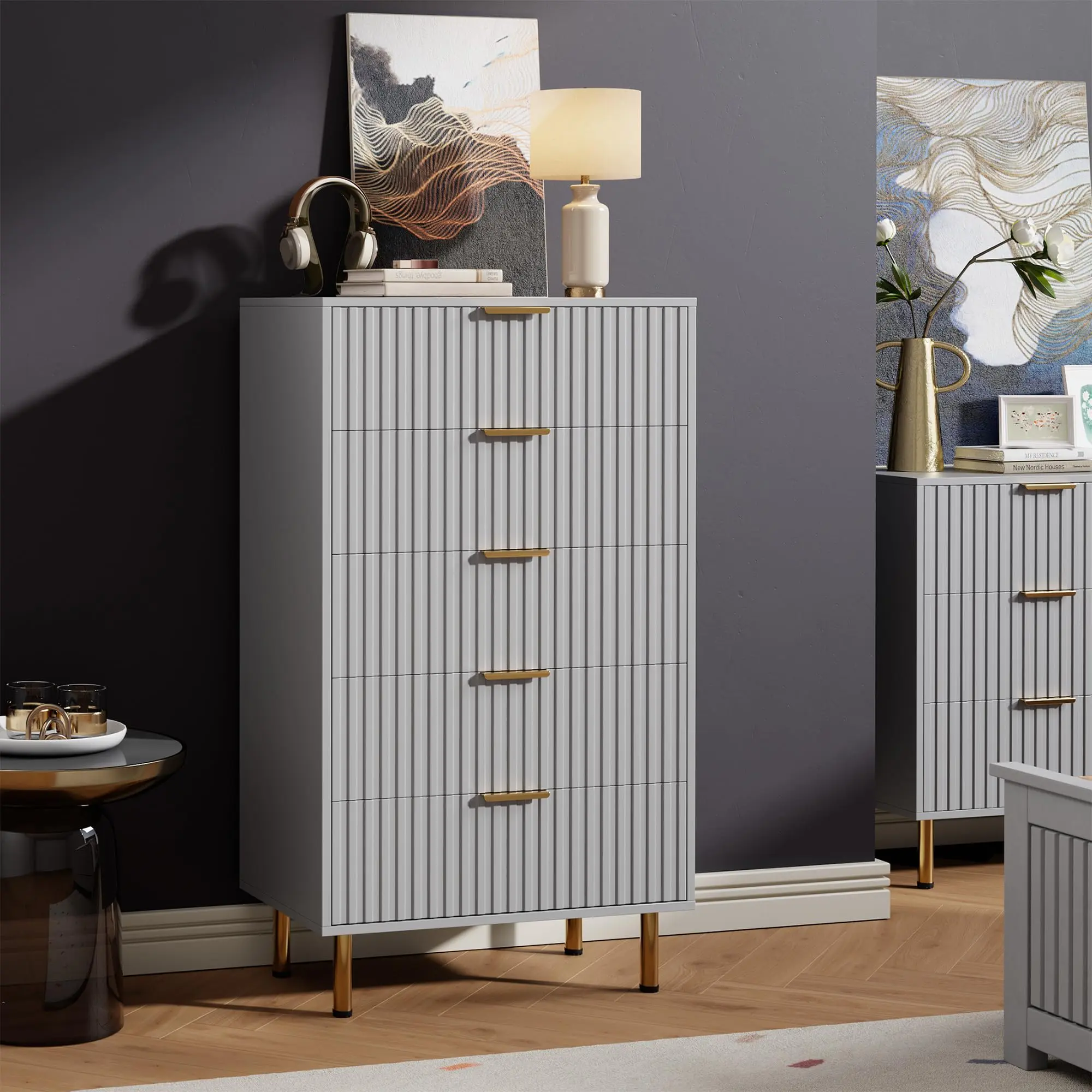 Garvee Fluted 5 Drawer Dresser, 48" Tall Modern Wooden Chest with Deep Drawers and Wide Top, Ideal Organizer for Bedroom, Living Room, Hallway, and More, Grey Finish