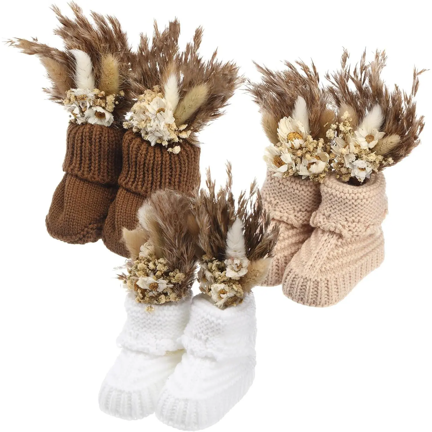 3 Set  Shower Table Decorations Crochet Knitted  Booties Bulk with Dried Pampas Grass Bouquet Boho Table Centerpieces Gender Reveal Party Decor shoe heels jordans cowboy