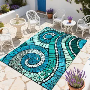 Local Delivery 5'x7' Soft  Plush Teal Mosaic Wave Swirl Boho For Living Room Bedroom Nursery Farmhouse Runner Rug