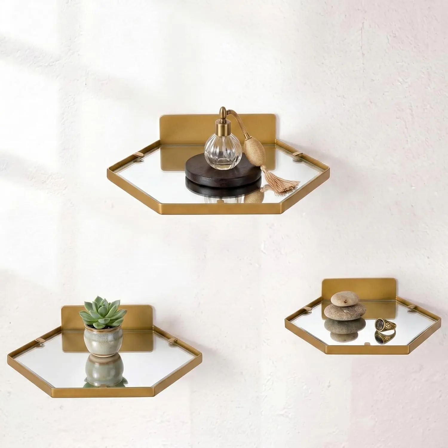 3 Pcs Gold Metal Hexagon Floating Wall Shelves - Space Saving, Geometric Wall-Mounted Modern Display Shelves for Living Room, Bedroom Decor, Easy to Install, Floating Shelves, Elegant