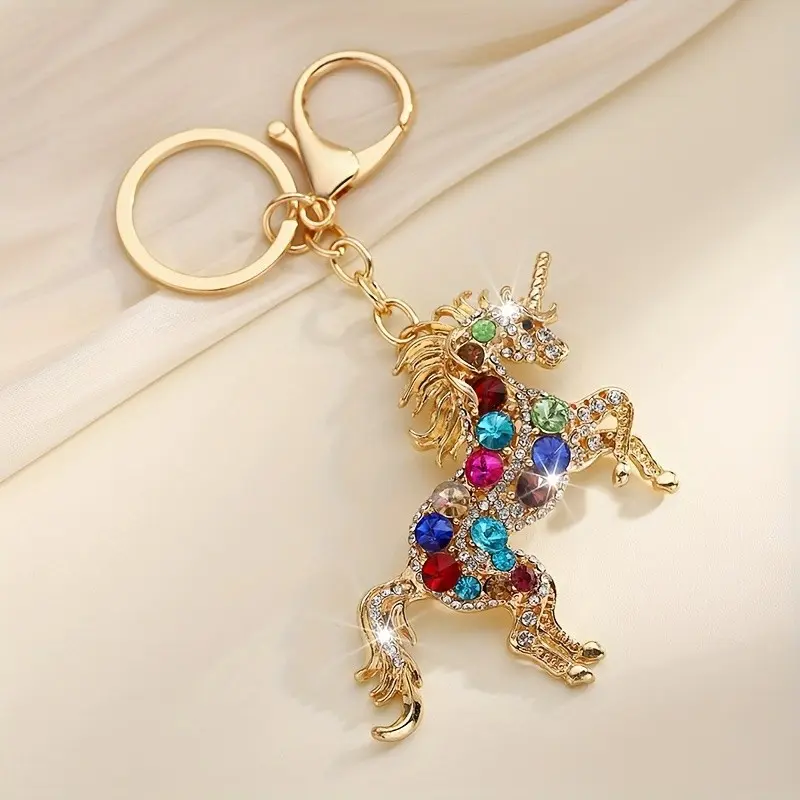 [Single Luxury Unicorn Keychain] Luxury Alloy Unicorn Keychain with Rhinestones, Multicolored Crystal Charms, Ladies Fashion Key Ring with Lobster Clasp for Birthday Decoration – Single Piece