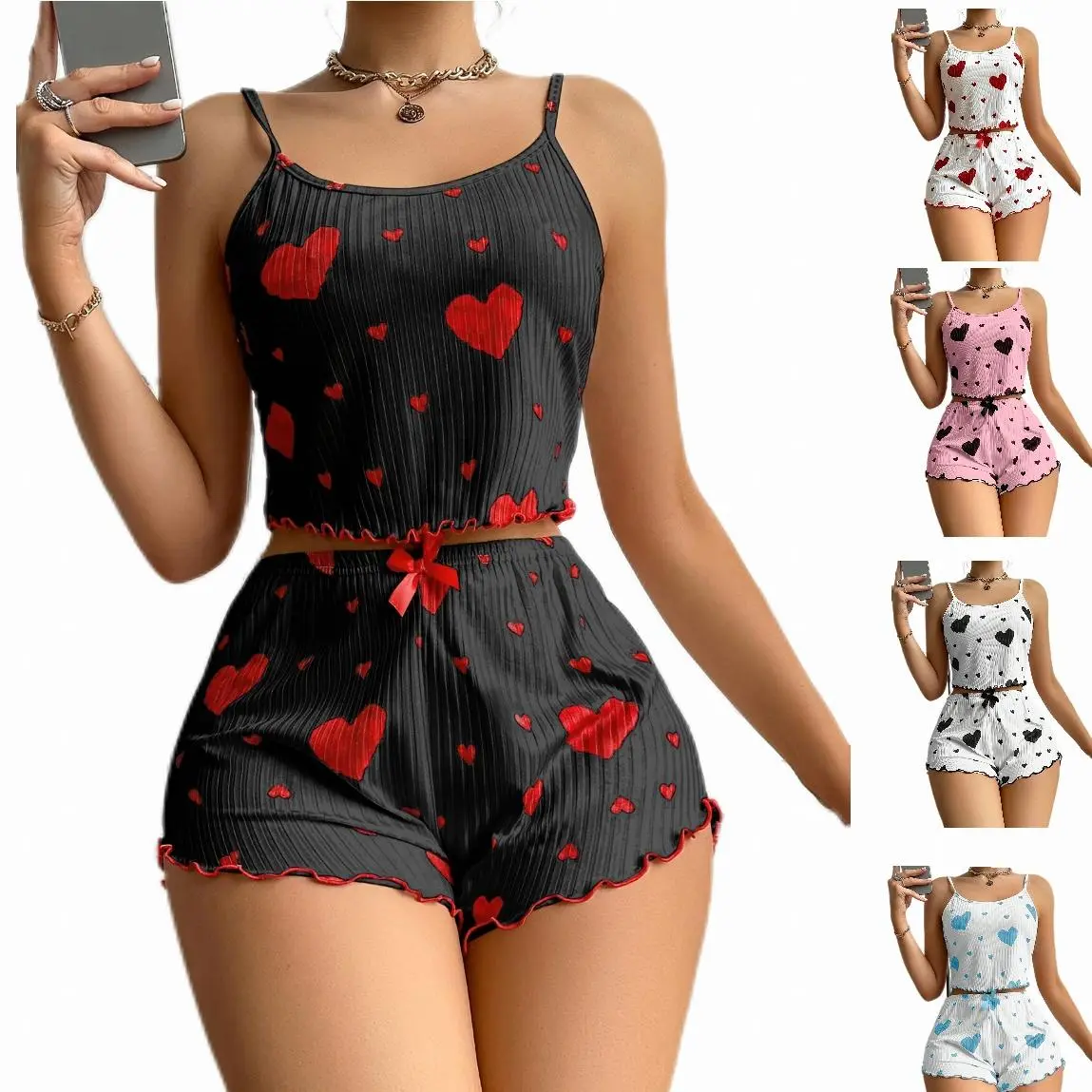 Girl'S Spaghetti Strap Camisoles + Shorts Homewear Print Underwear Pijama Lingerie Camisoles Tanks Nighty Women Sleepwear