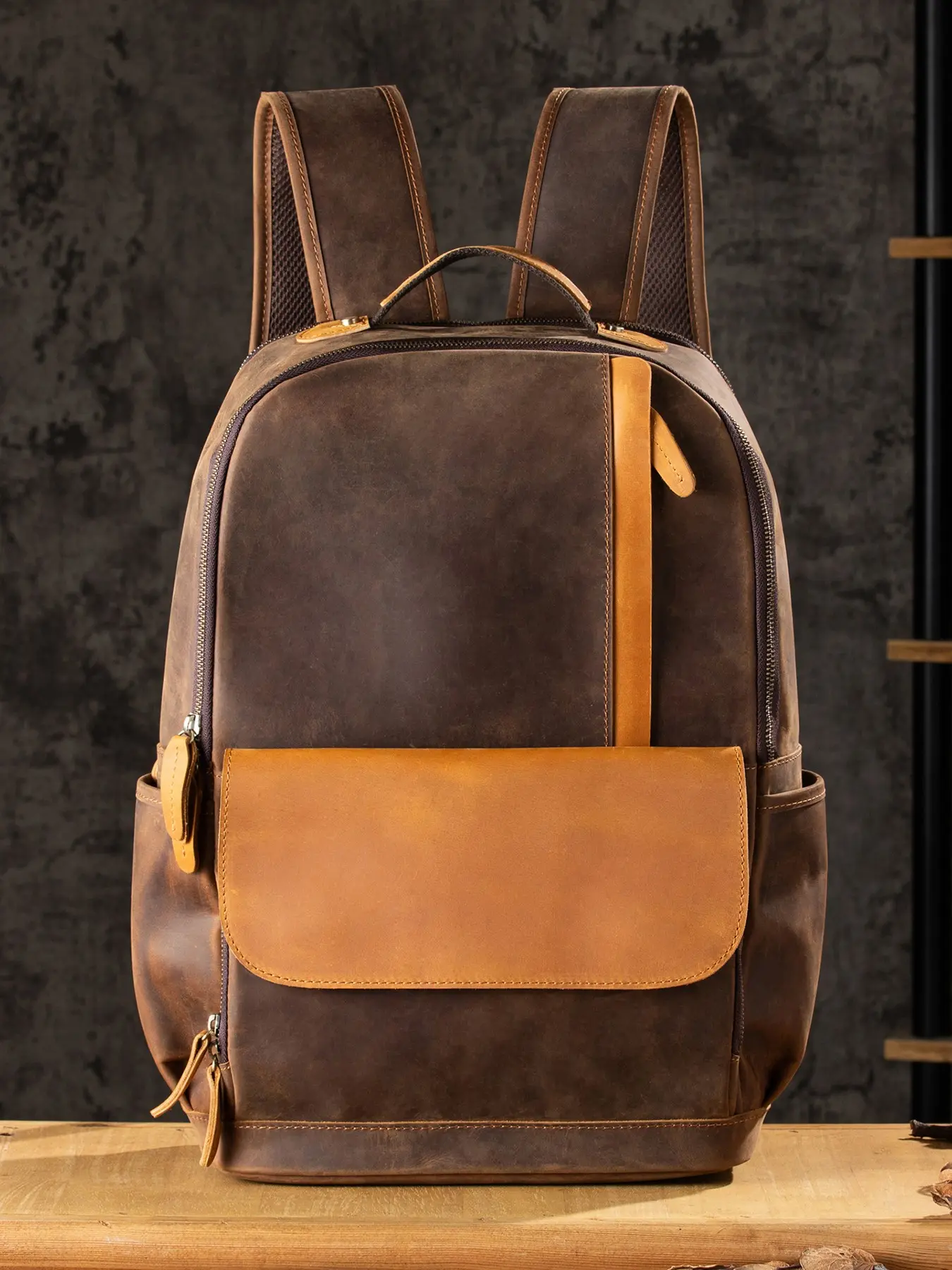 Men's Vintage Colorblock Leather Backpack, Crazy Horse Skin Dual Shoulder Bag, Casual Travel Laptop Bag, Commuter Computer Bag