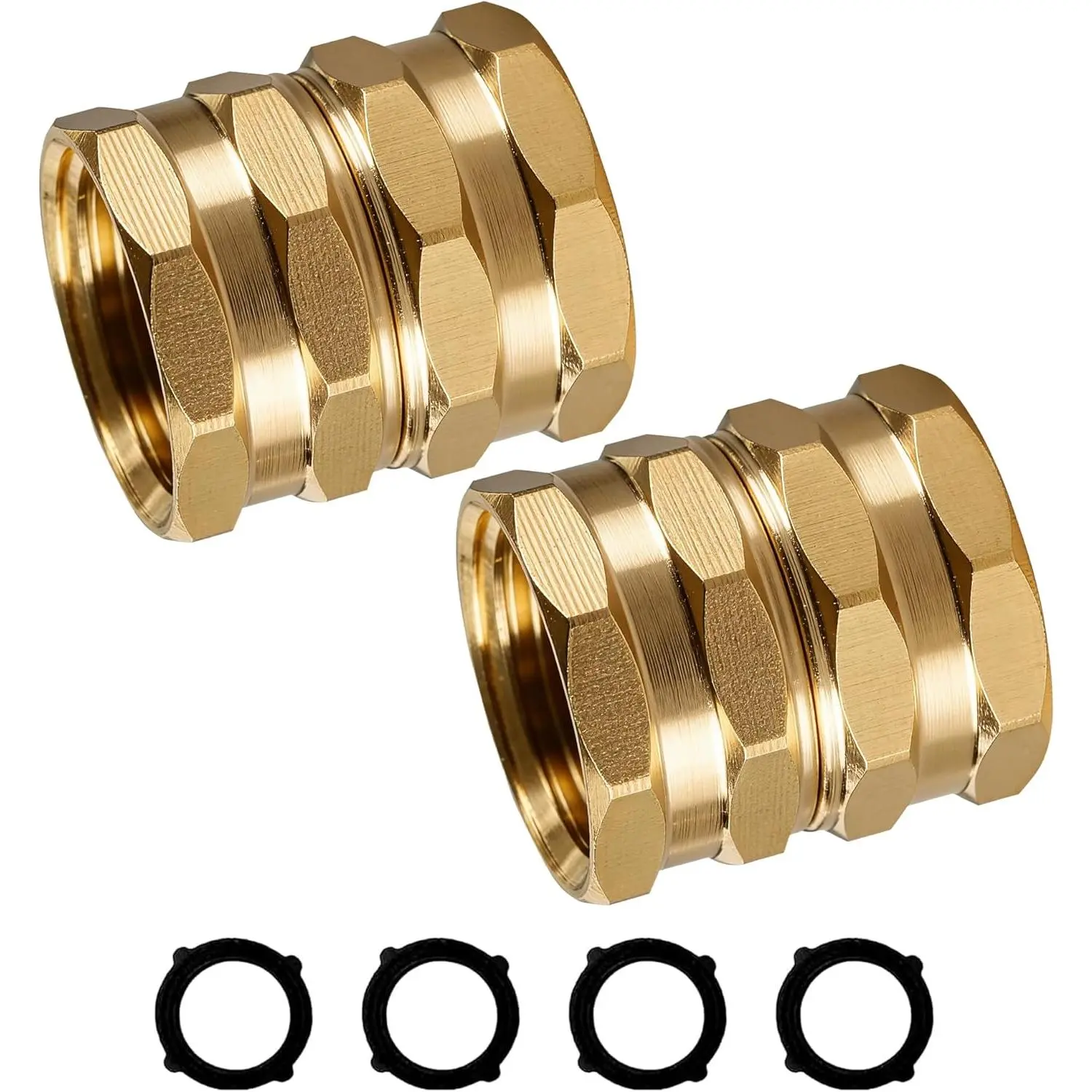Brass Garden Hose Adapter, 2 Pack 3/4 Inch Heavy Duty Solid Brass Female to Female Hose Connector, Garden Hose Repair Fittings with 4 Extra Washers, Leak-Proof Double Female Coupler