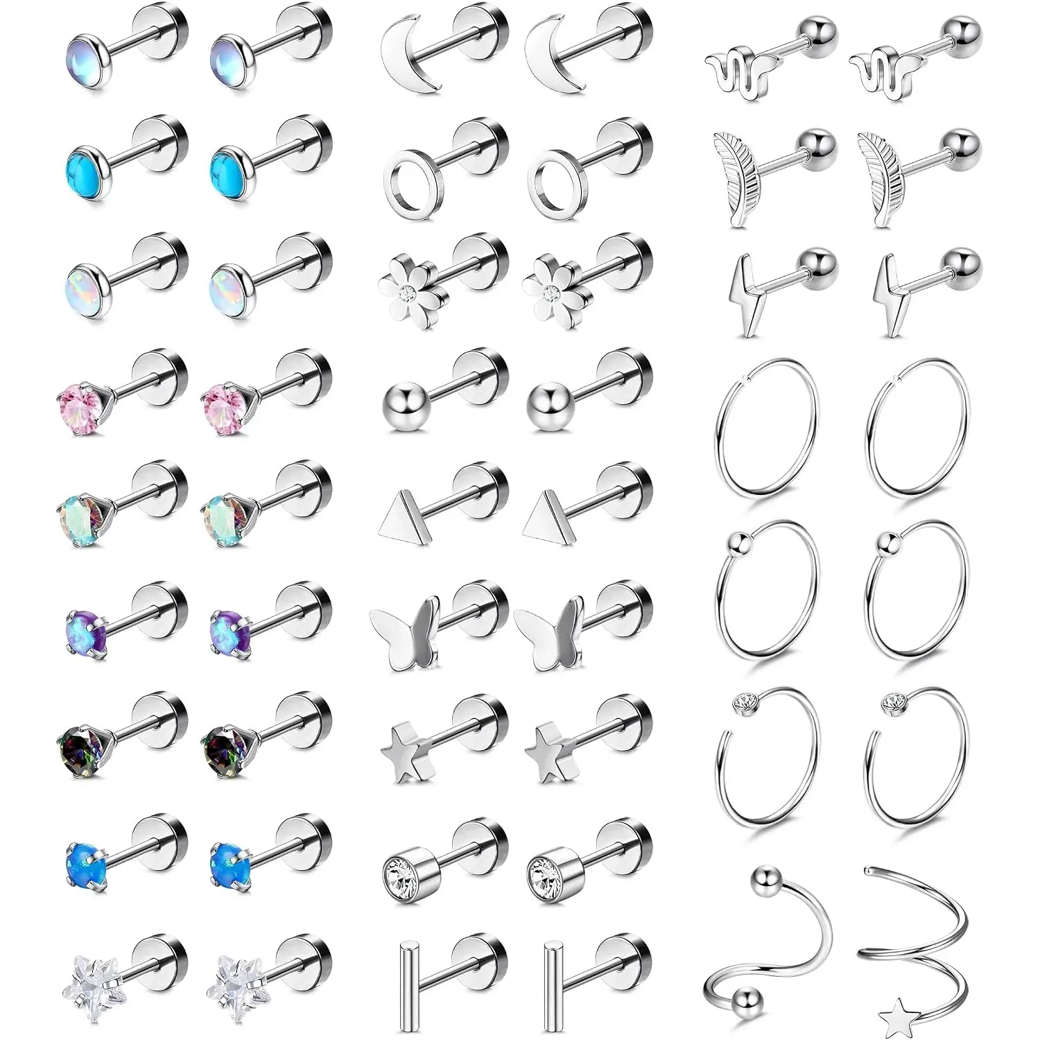 25 Pairs Hypoallergenic Flat Back Stud Earrings Set for Women, Surgical Stainless Steel Cartilage Earrings for Sensitive Ears, Stacking Studs Earrings for Helix, Conch, Tragus, Screw Back Earrings Piercing