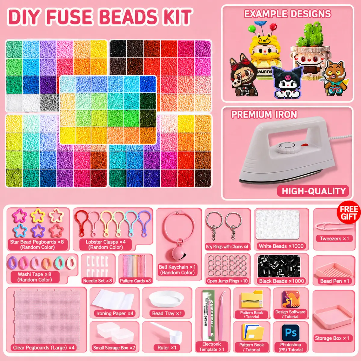96 Colorful Plastic Melting Beads Set, 2.6mm 3D Pixel Puzzle Beads, DIY Craft Kit, Includes Pin Board, Ironing Paper, Tweezers, Jewelry Making Supplies