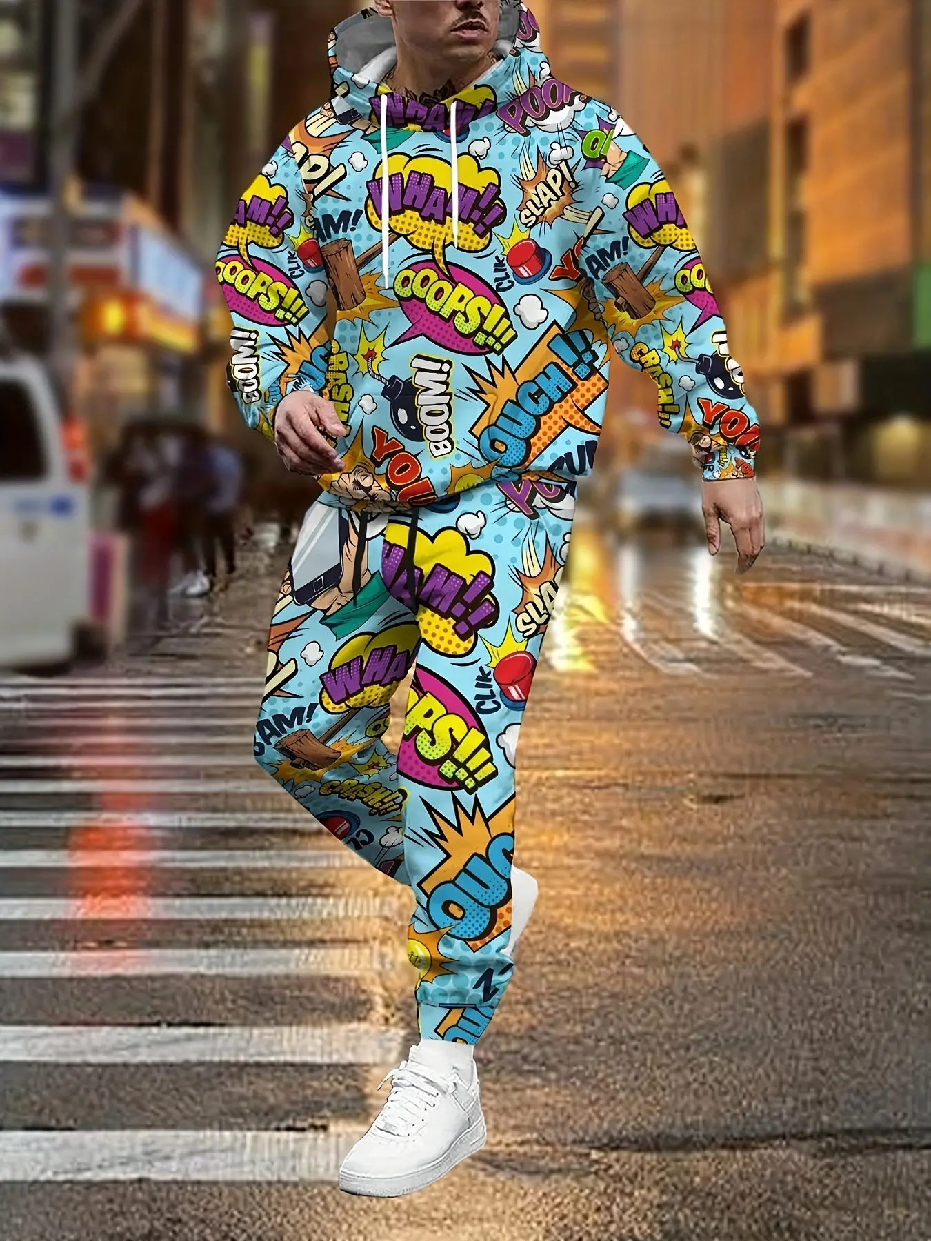 Men'S Vitality Comic Theme Hoodie And Pants Set - Polyester Fiber Full Body Printed Casual Urban Style Autumn/Winter Collection