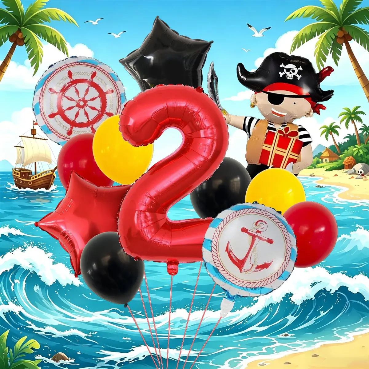 14-Piece Pirate Theme Birthday Balloon Set, Includes 32-Inch Number Mylar Balloons, Perfect for Boys' Parties and Kids' Rooms, Latex Balloons