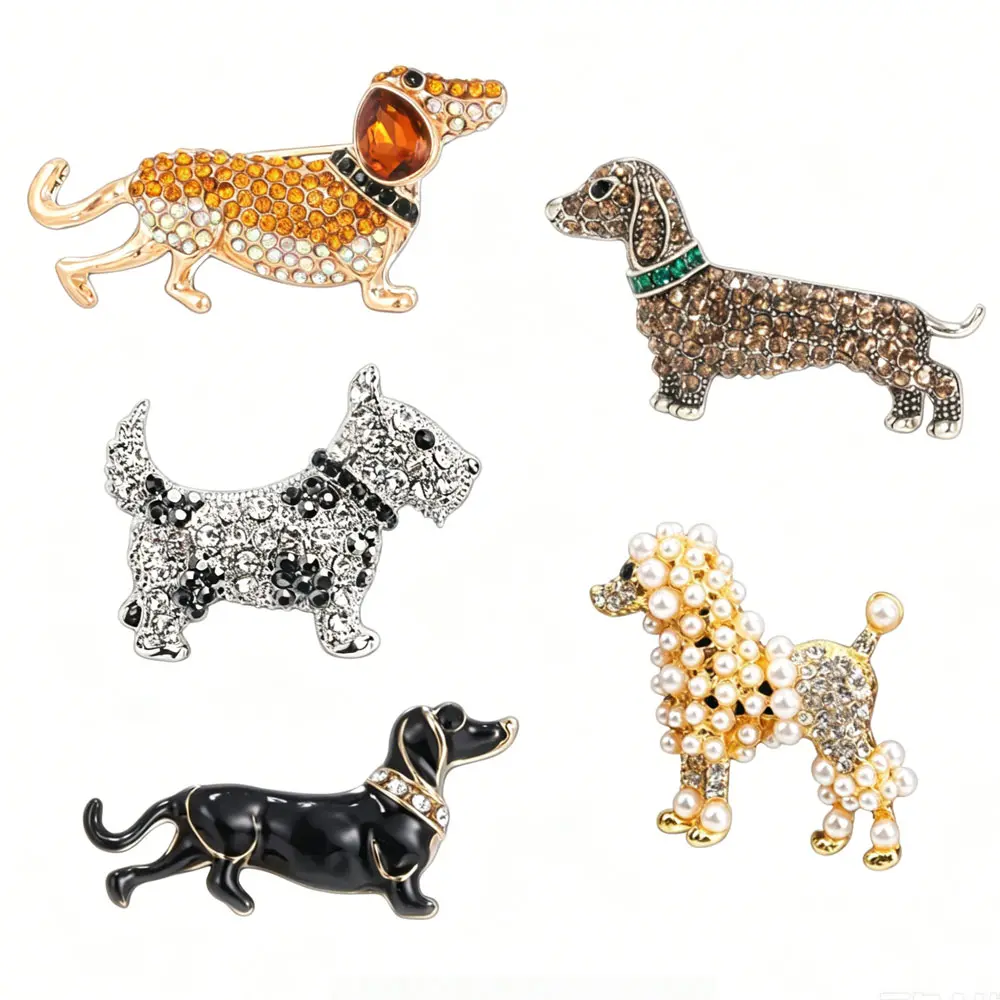 Retro Puppy Animal Brooch Alloy Diamond Studded Poodle Brooch Men's Dress Suit Accessories