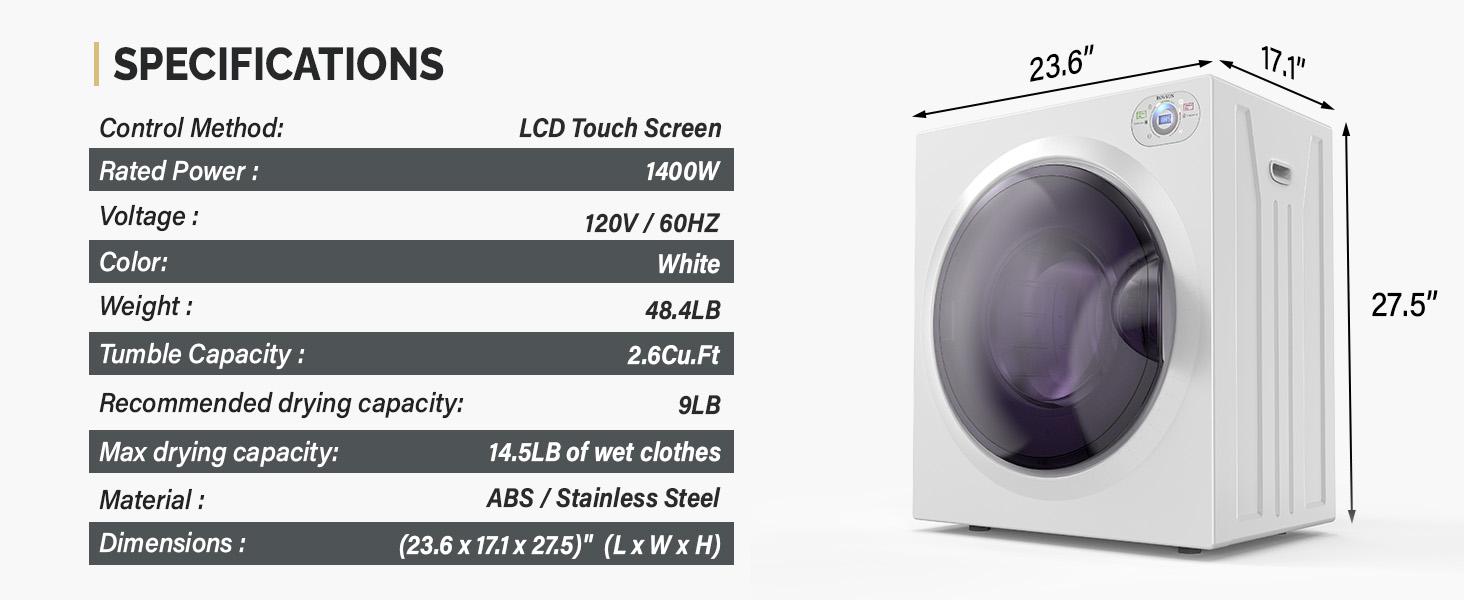 ROVSUN 2.6 Cu.Ft Portable Clothes Dryer, 1400W Fast Drying Front Load Tumble Laundry Dryer with Stainless Steel Tub & LCD Control Panel Six-Mode for Apartment, Home, Dorm ROVSUN 2.6 Cu.Ft Portable Clothes Dryer, 1400W Fast Drying Front Load Tumble Laundry Dryer with Stainless Steel Tub & LCD Control Panel Six-Mode for Apartment, Home, Dorm