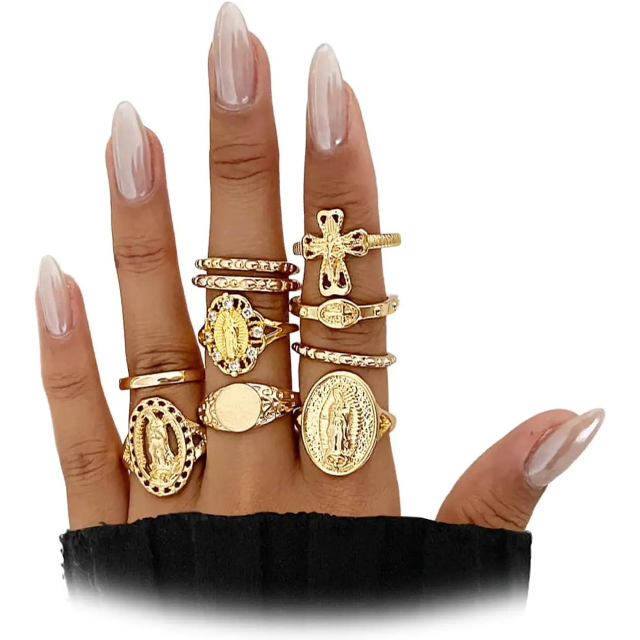 Women's Vintage Gold Virgin Mary Cross Rings Set, Chunky Stackable Boho Knuckle Jewelry Accessories, Gold Rings, Female, Accessories For Women, Crosses, Retro, Cross Motif