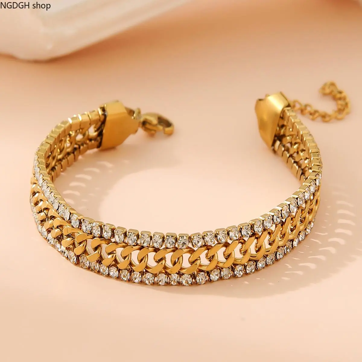 Men's Gold Cuban Link Bracelet - Multi-Row Rhinestone Chain, Secure Clasp, Bold Bling Jewelry for Daily Wear & Party Outfits (Sports & Outdoor Style Complement)