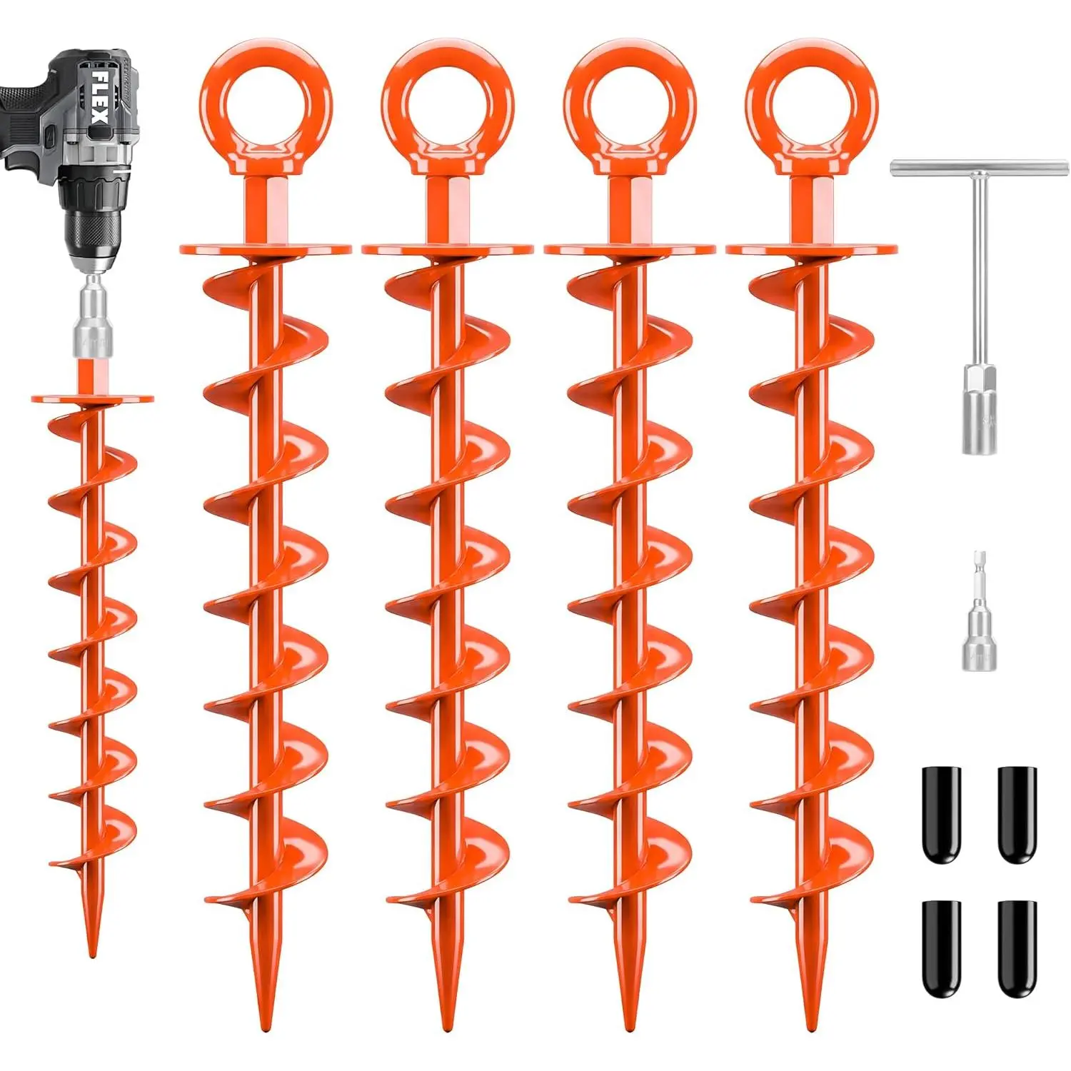 Ground Anchors Screw in Heavy Duty, 4 Pack 15 Inch Spiral Earth Anchors for Trampoline Anchors High Wind, Swing Set Anchors, Tent Stakes, Dog Tie Out & Canopy Stability, Orange, 4 Pack