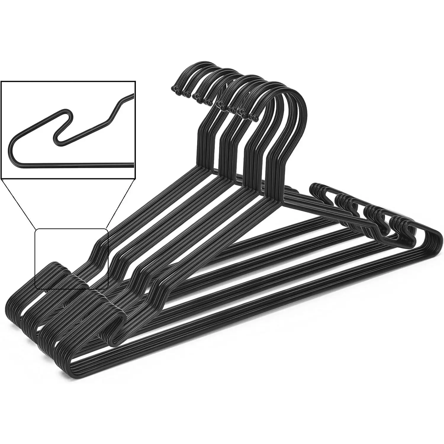 Heavy Duty Metal Hangers with Unique Hook Design Durable & Sturdy Coat Hangers 4mm Thick Withstands 25lbs Weight Smooth Powder Coated Finish Compact Shirt Hangers - 10 Pack Black