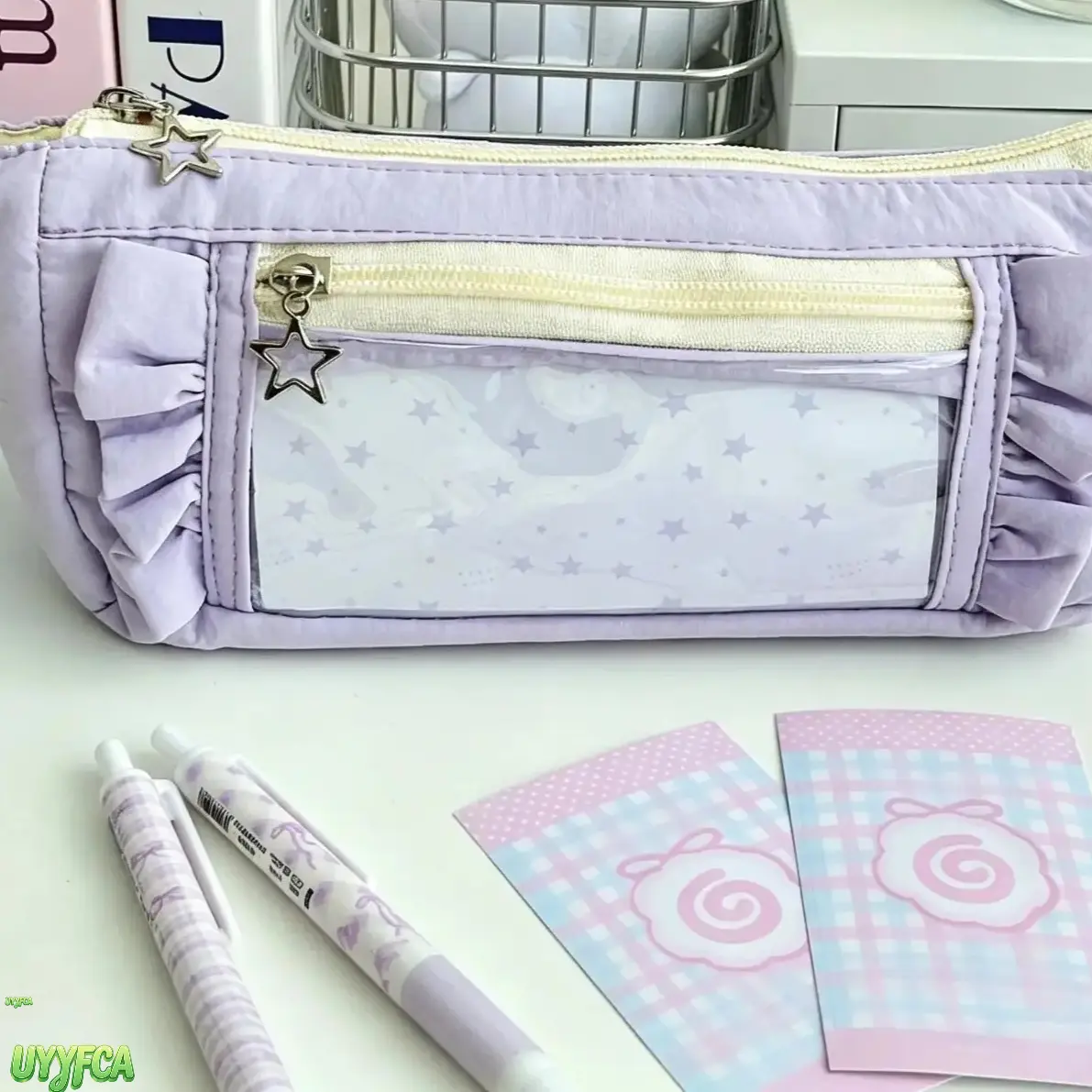 Kawaii Ruffle Trim Pencil Bag With Star Metal Zipper Charms, Double Zipper Large Capacity Stationery Pouch, Pastel Plaid Clear Window Pen Organizer, Soft Lightweight Cute Pen Case For Middle High School Students College Desk Travel Stationery Storage tikt