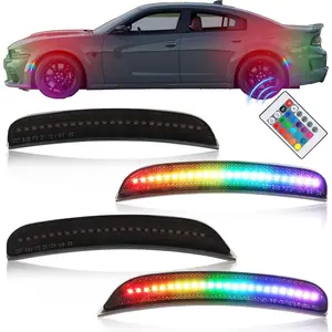 Full LED RGB Side Marker Lights for 2015-2023 Dodge Charger, [4 Modes 16 Colors] Multicolored RGB Side Marker Lamps, Front & Rear Smoked Lens Bumper Assembly with 24-Key Remote, 4PCS