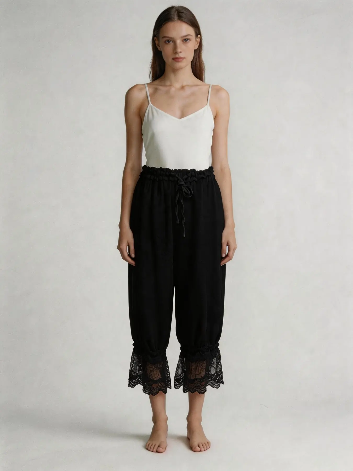 French Style Elegant Soft Home Pants, Breathable Fabric, Lace Trimmed Wide Leg Sleepwear, Comfortable Lounge Bottoms for Women