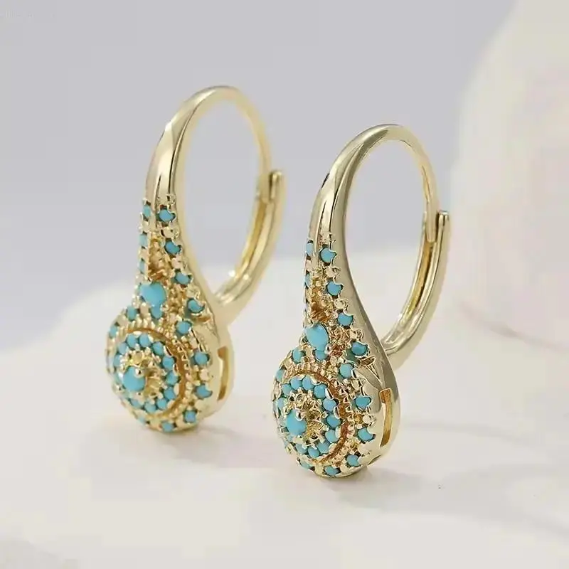 Women's Gold-Plated Teardrop Turquoise Dangle Earrings - Boho Vintage Statement Jewelry, Elegant Inlaid Female Accessories for Casual, Dating, Evening, Holiday Wear & Gifting