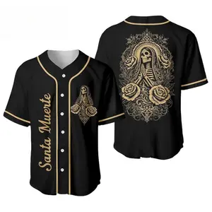 Santa Muerte Baseball Jersey, Gothic Chicano Streetwear Shirt, Day of the Dead Jersey, Skeleton Rose Graphic Jersey, Gothic Gift